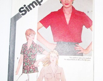 1980s Misses Shirt Button Front Short long sleeves vintage sewing Simplicity 9774 Size 12 Bust 34"