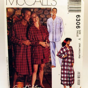 May include: A McCall's 6306 sewing pattern envelope featuring illustrations of sleepwear. Designs include a red plaid nightshirt, a red plaid pajama set with shorts, a light blue button-down pajama set, and a long plaid nightgown with a white base.