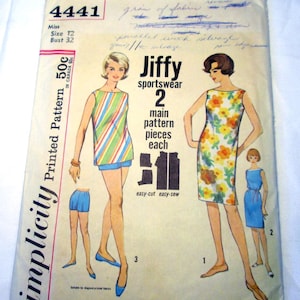 May include: A vintage Simplicity 4441 sewing pattern envelope for Jiffy sportswear, size 12, bust 32. The front features illustrations of a sleeveless top with blue shorts and a floral shift dress, with handwritten notes in blue ink at the top.