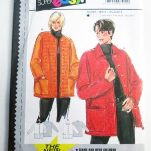 May include: A Burda Super Easy sewing pattern envelope for a jacket, model 3059. The illustration shows two variations of a quilted jacket, one in orange and one in red, both featuring front buttons, patch pockets, and long sleeves.