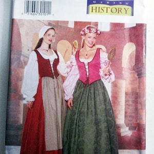 May include: Butterick sewing pattern 6196 for Making History costumes. The envelope features two outfits: a red bodice with a white blouse and tan apron, and a pink bodice with a light pink blouse and a long, dark green patterned skirt.