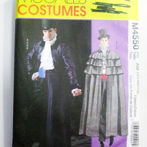 May include: A McCall's Costumes sewing pattern packet. The packet features illustrations of two men in period costumes, including a long coat, cape, and top hat. The packet is yellow and purple with the pattern number M4550.