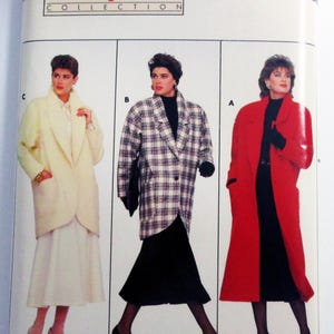 May include: A Butterick sewing pattern package featuring three coat designs. The package includes the text "Family Circle Collection" and size information. The coats are in cream, plaid, and red.