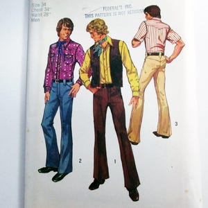 May include: Vintage Simplicity sewing pattern for men's clothing, featuring illustrations of three different outfits. The pattern includes a size 34 chest and 28-inch waist. The cover is cream-colored with text that reads "FEDERAL'S INC. THIS PATTERN IS NOT RETURNABLE."