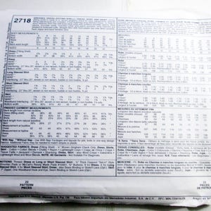 May include: A white paper sewing pattern envelope for McCall's pattern 2718, featuring detailed charts for body measurements, fabric yardage requirements in inches, and lists of notions for a dress, shirt, and skirt in sizes 8 through 22.