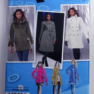 May include: A Simplicity 2508 sewing pattern envelope for coats, featuring Project Runway branding. The blue package displays three photographs of models wearing different coat styles and three fashion illustrations of the same designs.