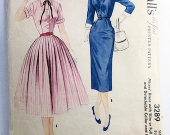 1950s Wiggle Dress Full skirt Fit Flare Detachable collar cuffs vintage sewing pattern McCalls 3289 Size 14 Bust 32"