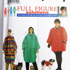 May include: A Simplicity sewing pattern envelope titled Full Figure Solutions by Mary Duffy. The white package features illustrations of three different coat styles in red, green, and a multi-colored geometric pattern, each shown with a small dog.