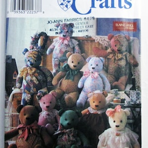 May include: Simplicity Crafts pattern featuring various teddy bears. The bears are in different colors and patterns, some with bows and dresses. The pattern includes the text "ONE SIZE" and the Jo-Ann Fabrics store address.