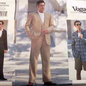 May include: Vogue Men's sewing pattern featuring three suit styles. The pattern includes a classic black suit, a tan suit, and a plaid blazer with shorts. The pattern number is 1753, with sizes 44-46-48.