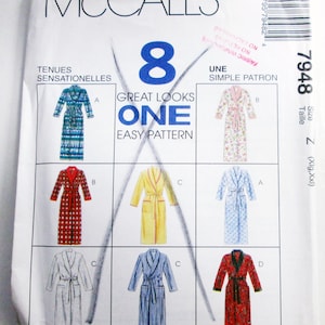 May include: A McCall's 7948 sewing pattern envelope for a robe in size Z (Xlg, Xxl). The front displays eight illustrations of robes in various colors and patterns, including plaid, floral, and striped designs, with the text 8 GREAT LOOKS ONE EASY PATTERN.