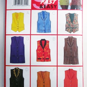 May include: A Butterick 5276 sewing pattern envelope for vests in sizes 20-22-24. The front displays nine illustrations of sleeveless vests in various colors, patterns, and styles, including solid yellow, blue, red, purple, and brown, plus floral and animal prints.