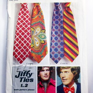 May include: Vintage Simplicity pattern for Jiffy Ties, featuring four tie designs: red diamond, paisley, blue floral, and yellow/red stripes. Includes images of men wearing ties and bow ties. The ties are 4 and 5 inches wide.
