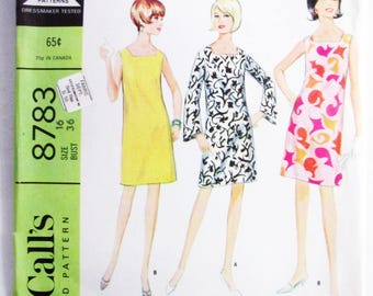 1960s A Line Dress square neckline sleeveless long sleeves easy vintage sewing pattern McCalls 8783 Size 16 Bust 36"