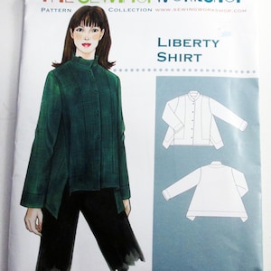 May include: A sewing pattern titled "Liberty Shirt" from The Sewing Workshop. The pattern features an illustration of a green shirt and black pants. The pattern also includes technical drawings of the shirt.