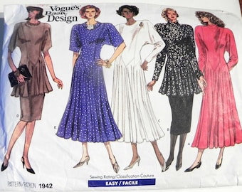 1980s Princess Seam Tunic Dress Dolman Sleeves Flared Straight Pencil Skirt sewing pattern Vogue 1942 Size 8 10 12 Bust 31.5 32.5 34"