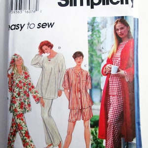May include: Simplicity sewing pattern for pajamas. The pattern features various pajama styles, including floral, striped, and checkered designs. The package includes the text "easy to sew" and size information.