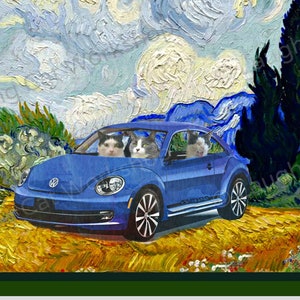 Van Gogh Funny hipster cat art print Racer car Laughing Friend Cat photobomb Whimsical cat lover gift French Impressionist Family road trip