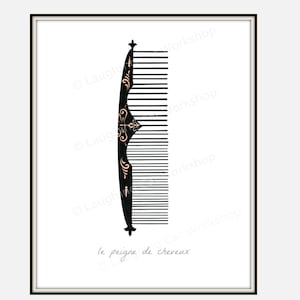 May include: A black comb with a decorative design on the handle. The comb has a floral pattern with gold accents. The text "le peigne de cheveux" is written below the comb.
