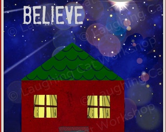 Alien art print ET Outer Space UFO wall decor outer space teen dorm decor Believe quote wall art House flying saucer ship print