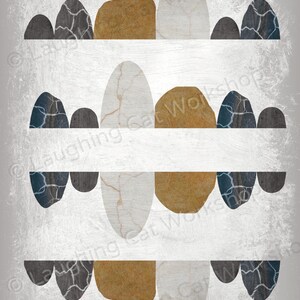 May include: Abstract art print featuring a pattern of overlapping shapes in shades of gray, brown, and white. The shapes resemble rocks or mountains.