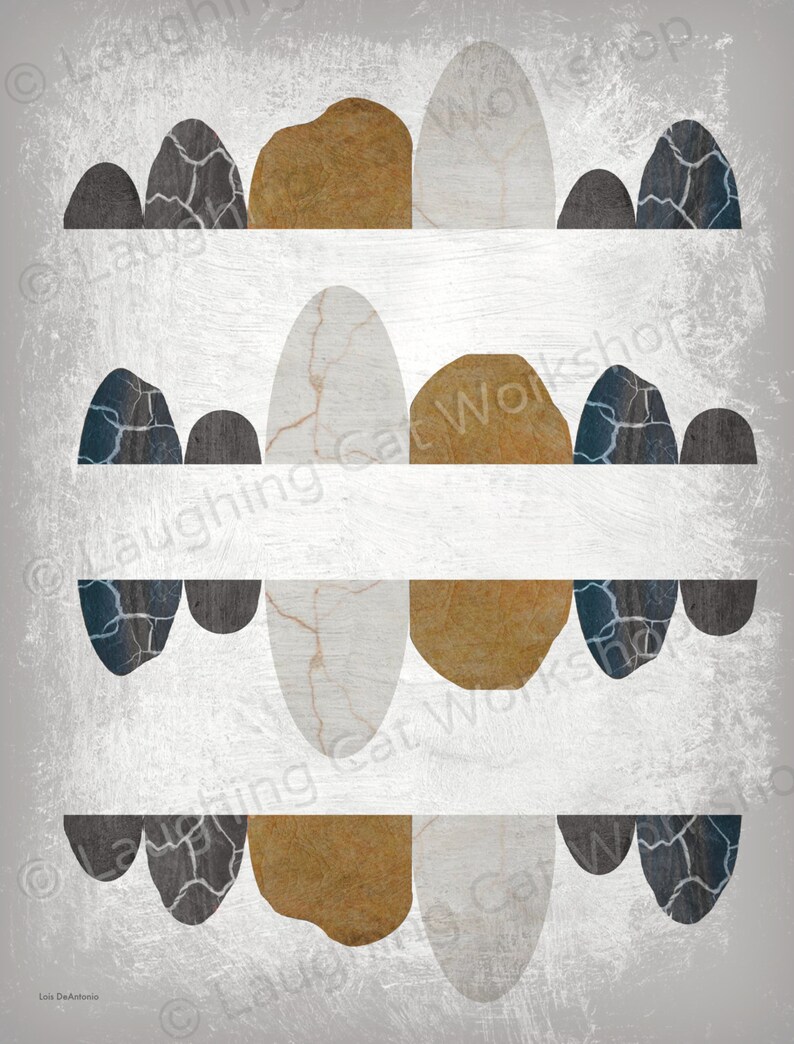 May include: Abstract art print featuring a pattern of overlapping shapes in shades of gray, brown, and white. The shapes resemble rocks or mountains.