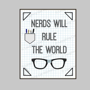 May include: A black and white graphic print on a white background with a grid pattern. The text reads "NERDS WILL RULE THE WORLD". There is a pocket with pencils and pens in it and a pair of black glasses.