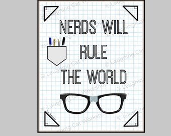 May include: A black and white graphic print on a white background with a grid pattern. The text reads "NERDS WILL RULE THE WORLD". There is a pocket with pencils and pens in it and a pair of black glasses.