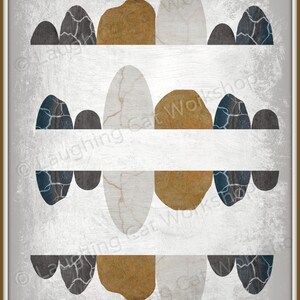 May include: Abstract art print featuring a series of overlapping shapes in shades of gray, brown, and white. The shapes are arranged in a repeating pattern, creating a sense of rhythm and movement. The background is a light gray with a textured surface.