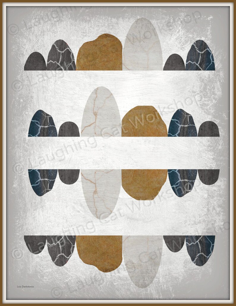 May include: Abstract art print featuring a series of overlapping shapes in shades of gray, brown, and white. The shapes are arranged in a repeating pattern, creating a sense of rhythm and movement. The background is a light gray with a textured surface.