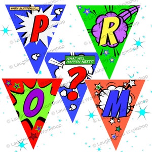 Prom Descargar promposal imprimible signo de baile cómics prom invitan a preguntar a la bandera del baile junior prom senior novia divertida invitación de baile