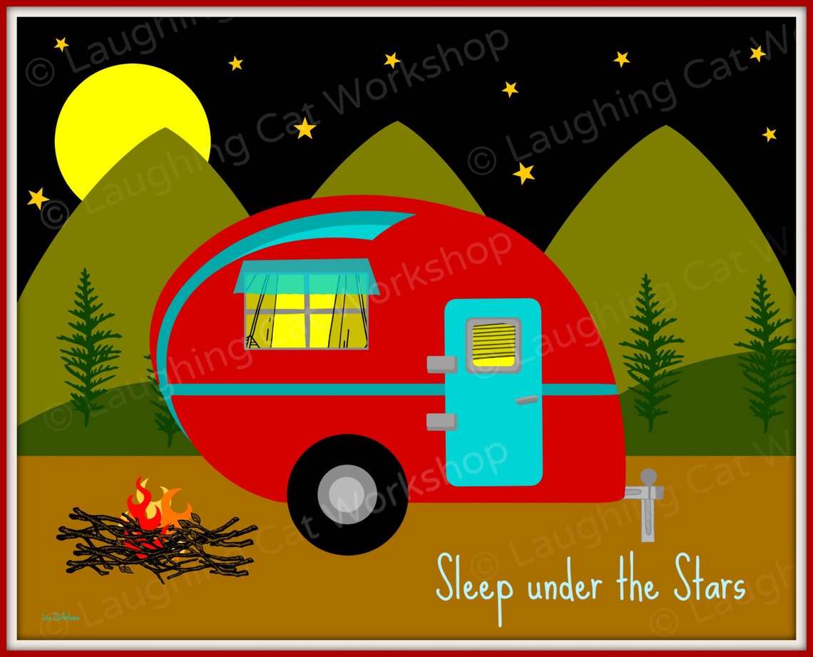 Happy Camper Print Summer Camp Art RV Trailer Motor Home Art Print ...