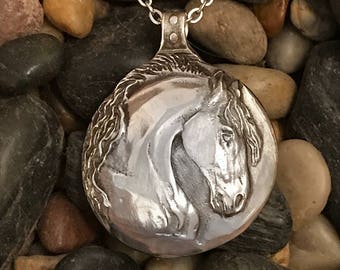 Stallion, Friesian Horse Head pendant in silvery pewter