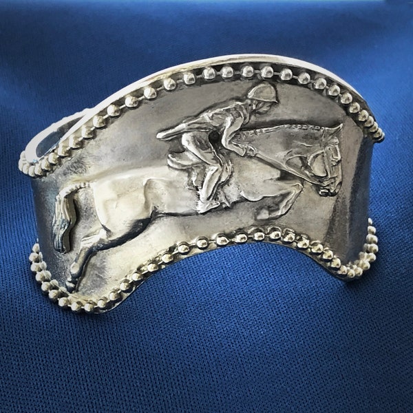 Hunter-Jumper Horse bracelet with horse & rider in detailed sculptural relief and a beaded frame