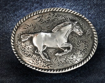 Galloping Horse Western Belt Buckle with Rope frame, mens buckle