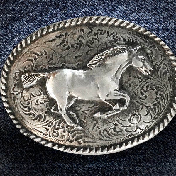 Galloping Horse Western Belt Buckle with Rope frame, mens buckle