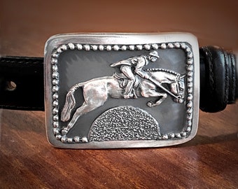 Hunter/Jumper Horse & Rider belt buckle in silvery pewter, women's medium size 2 5/8 X 2 inch