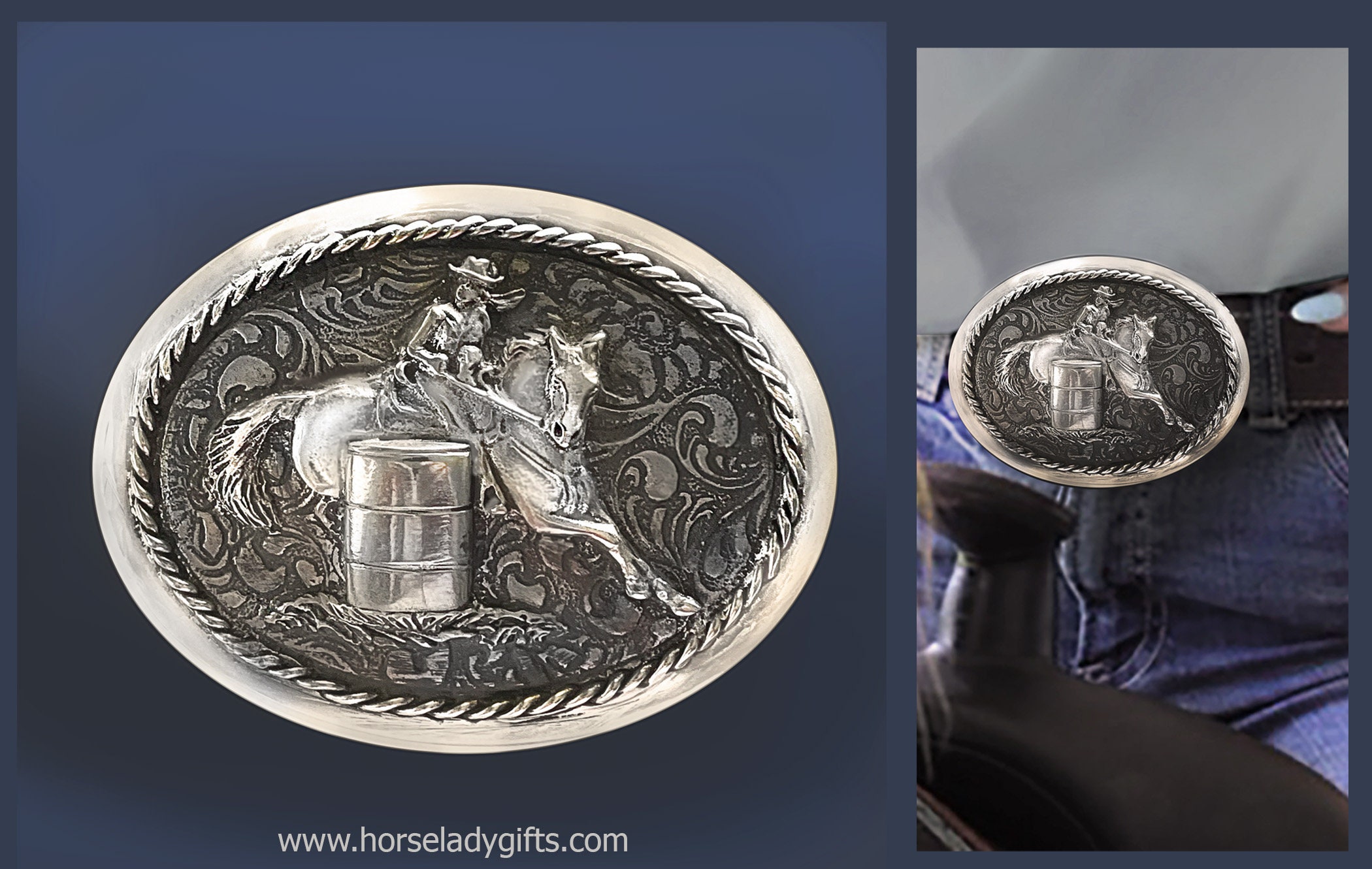 Female barrel racer pewter belt buckle  3 7/8 x 2 5/8.  Made in USA il_fullxfull.3479889497_mjyj.jpg main image 3
