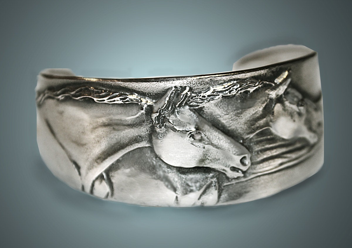 Two Horses Narrow Cuff Bracelet in Silvery Pewter Handmade by the
