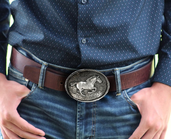 Galloping Horse Western Belt Buckle with Rope Frame, Mens Buckle