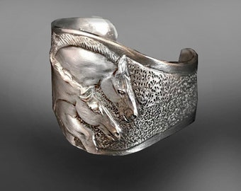 Freedom Horses sculptured cuff, silvery pewter, handmade USA