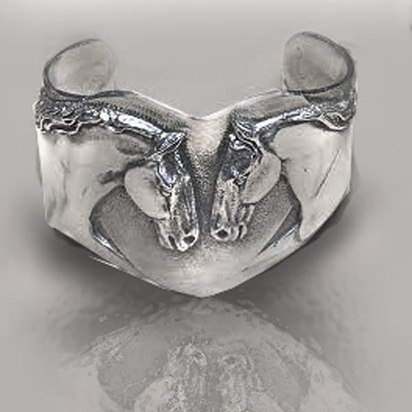 Horse Lover''s Two horses on a heart shape cuff in pewter high relief sculpture handmade  artist USA