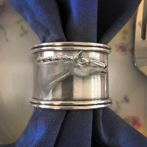 Thoroughbred-Hunter Horse Napkin Rings set of four in brilliant silvery pewter