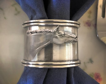 Thoroughbred-Hunter Horse Napkin Rings set of four in brilliant silvery pewter