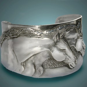 Two Horse Heads cuff bracelet in silvery pewter handmade USA image 1