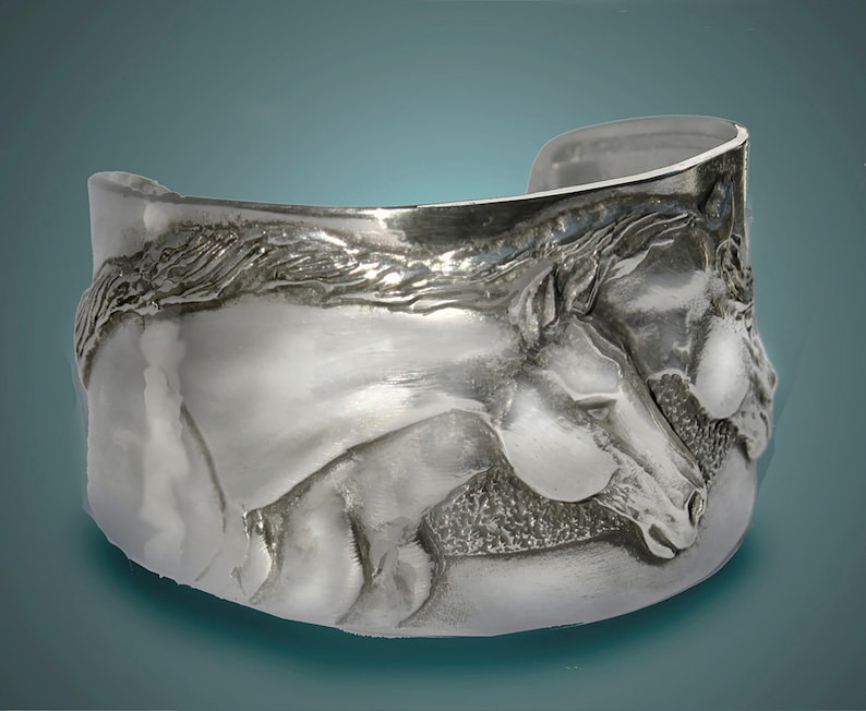 Two Horse Heads cuff bracelet in silvery pewter handmade USA image 1