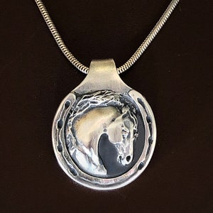 Little Lucky, Horseshoe with horse&#39;s head Unisex pendant, 1 1/4 inch choice of chain length