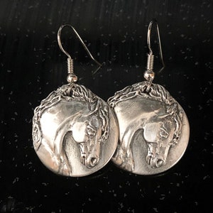 Horse earrings, Friesian Stallion in high relief, mirror polished pewter, light weight, hypoallergenic