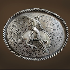Bucking Bronco Rider belt buckle, 3.5 X 2.75 inches, polished pewter