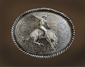 Bucking Bronco Rider belt buckle, 3.5 X 2.75 inches, polished pewter